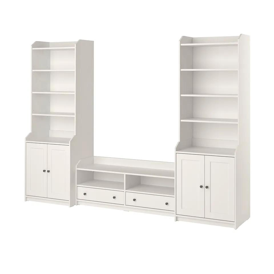 White HAUGA storage set: tv bench, 2 tall bookcases with shelves and doors, clean design.