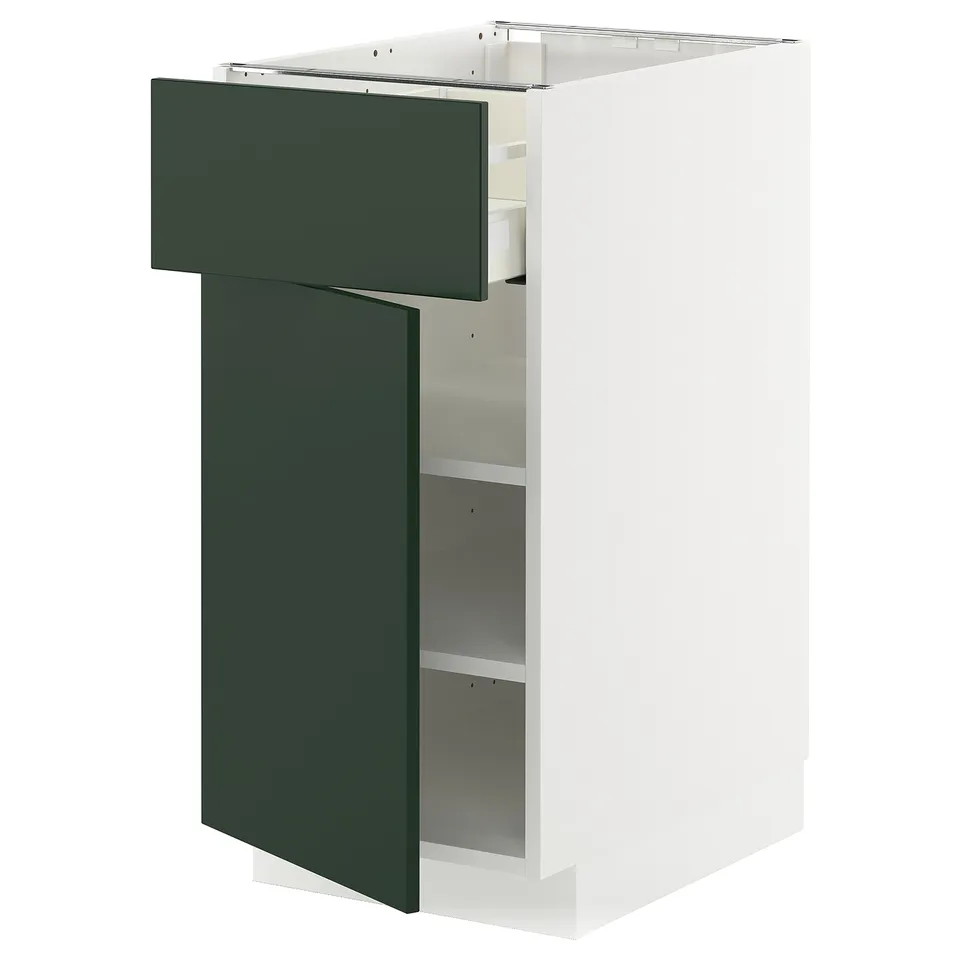 Modern green-white kitchen cabinet, rectangular, with drawer and shelf.