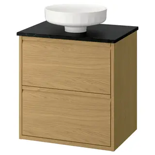 ÄNGSJÖN / LERSJÖN wash-stnd w drawers/wash-basin, oak effect/black marble effect, 62x49x79 cm