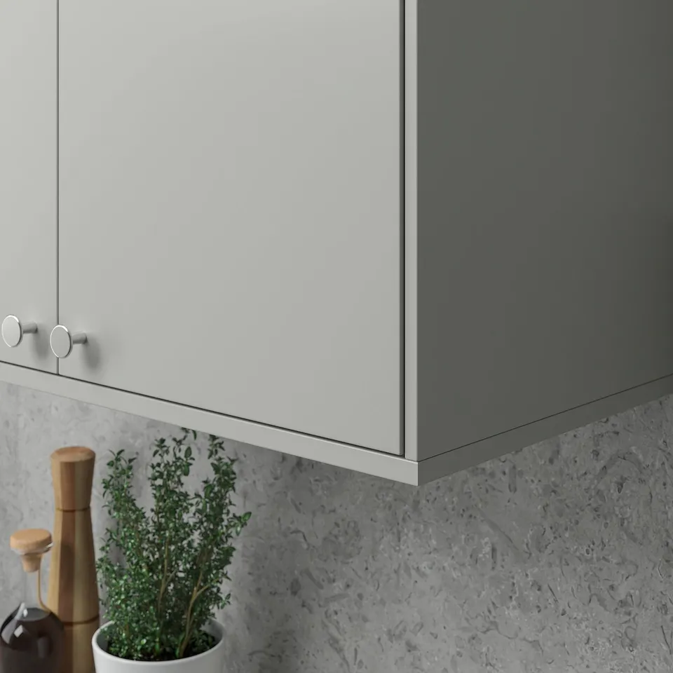 Modern kitchen with grey cabinets and wooden plant.