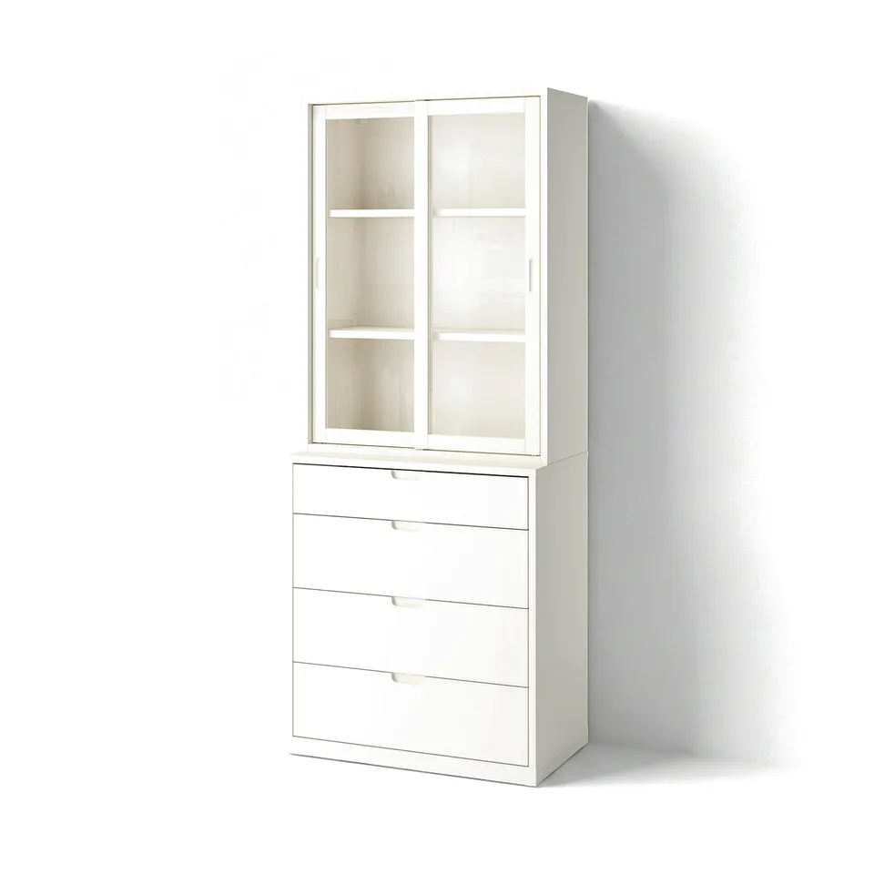 Off-white TONSTAD cabinet and chest with glass doors and drawers, modern design.
