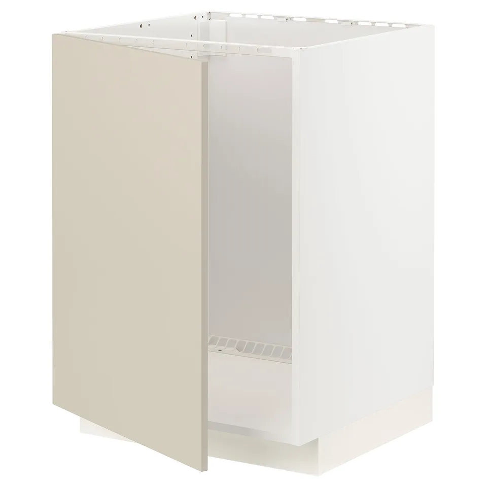 A white METOD kitchen cabinet with beige doors and a wire shelf.
