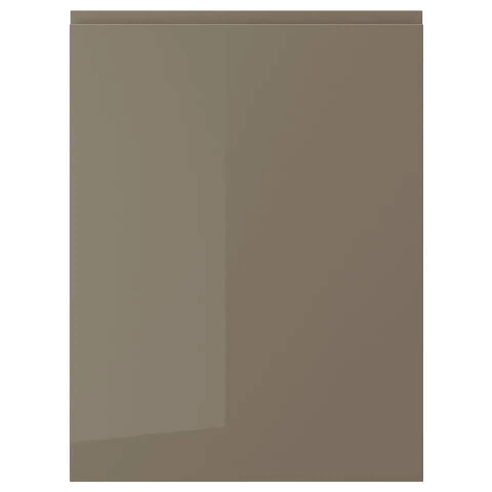 VOXTORP dark grey-brown glossy cabinet door with sleek, modern design.