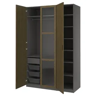 PAX / TONSTAD wardrobe combination, dark grey brown/stained oak veneer glass, 150x60x236 cm