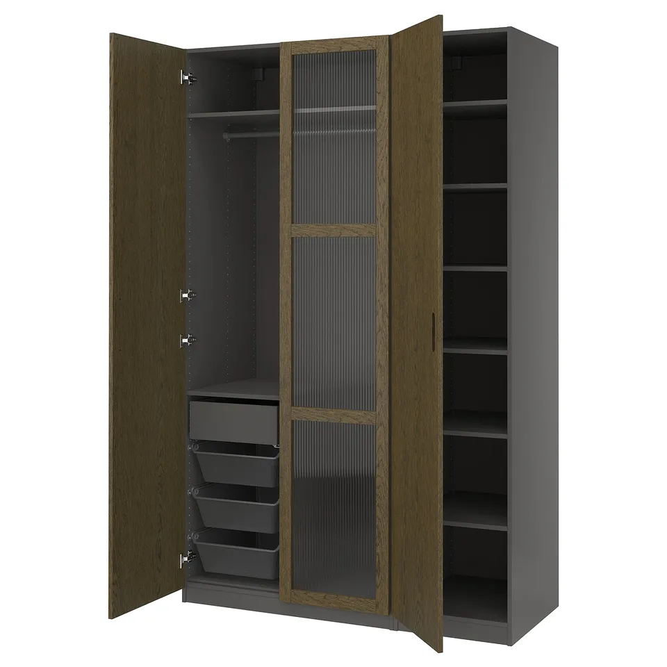 Modern PAX wardrobe, gray-brown. Mesh baskets, shelves, and hangers for versatile storage.