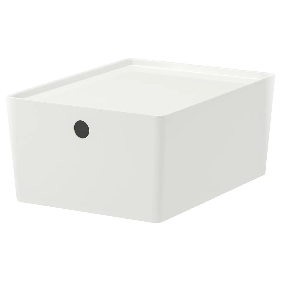 A white KUGGIS storage box with a black circular handle, ideal for organising and protecting items from dust, made of recycled pet plastic.