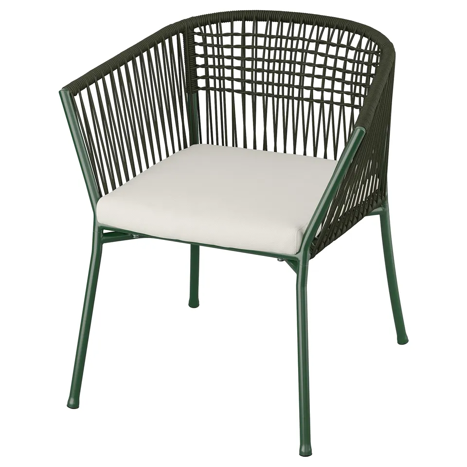 Modern SEGERÖN green patio chair with dark woven back, white cushion.