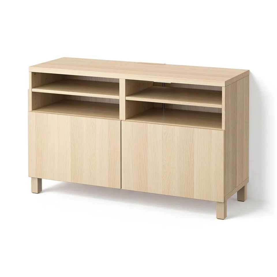 BESTÅ TV bench with doors, white stained oak effect/Lappviken/Stubbarp white stained oak effect, 120x42x74 cm