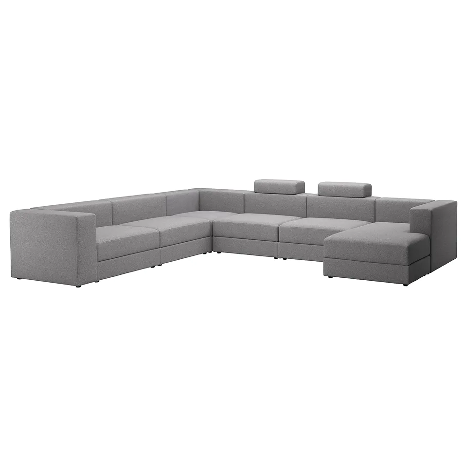 Grey JÄTTEBO modular sofa with storage, l-shaped. Soft cushions, clean lines.
