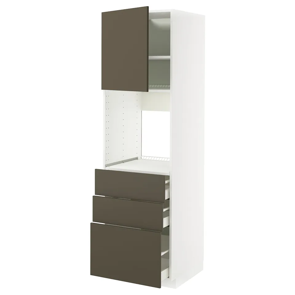 A tall kitchen cupboard from the METOD system, featuring dark brown havstorp fronts and a white frame. It has three drawers and a cabinet above.