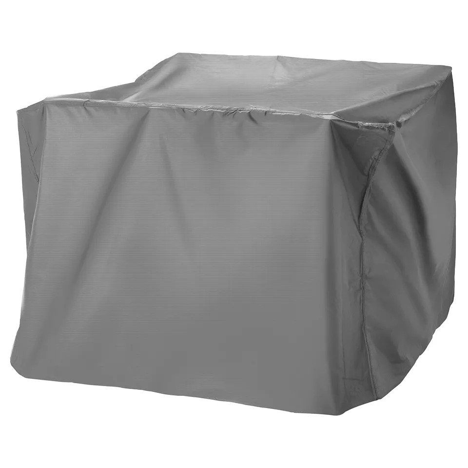 Grey outdoor furniture cover, square shape, water-repellent, 100% recycled polyester.