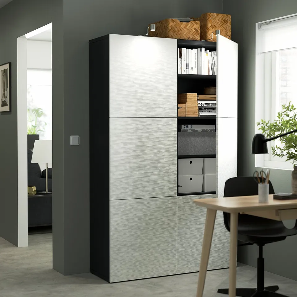 Modern office with BESTÅ storage, adjustable shelves, soft-close hinges, push-open functionality.
