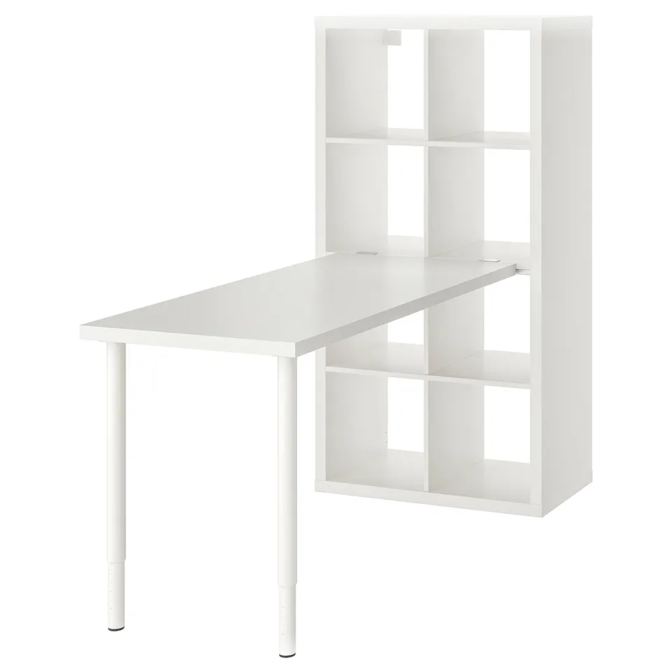 Ikea KALLAX: white, modular shelving unit. Slim, triangular tabletop attached. Adjustable legs.