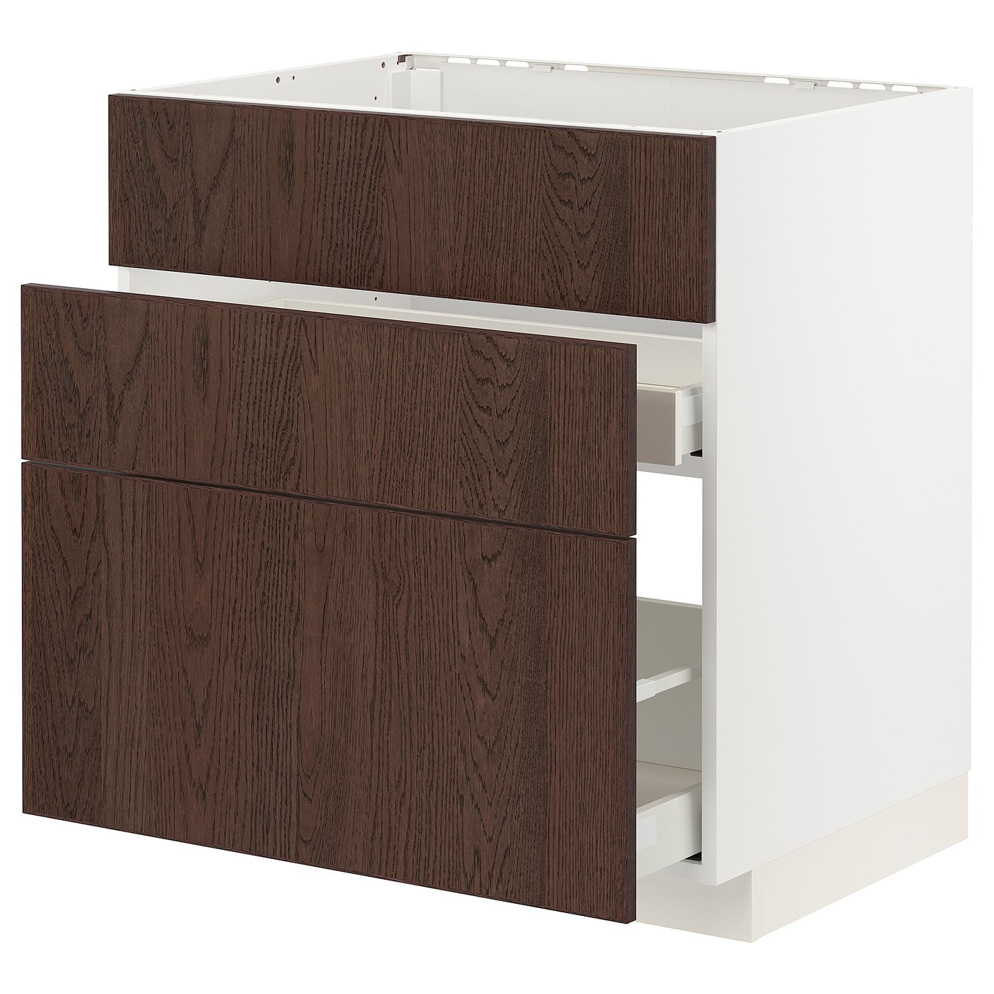 Dark wood drawers, white base, modern kitchen cabinet.