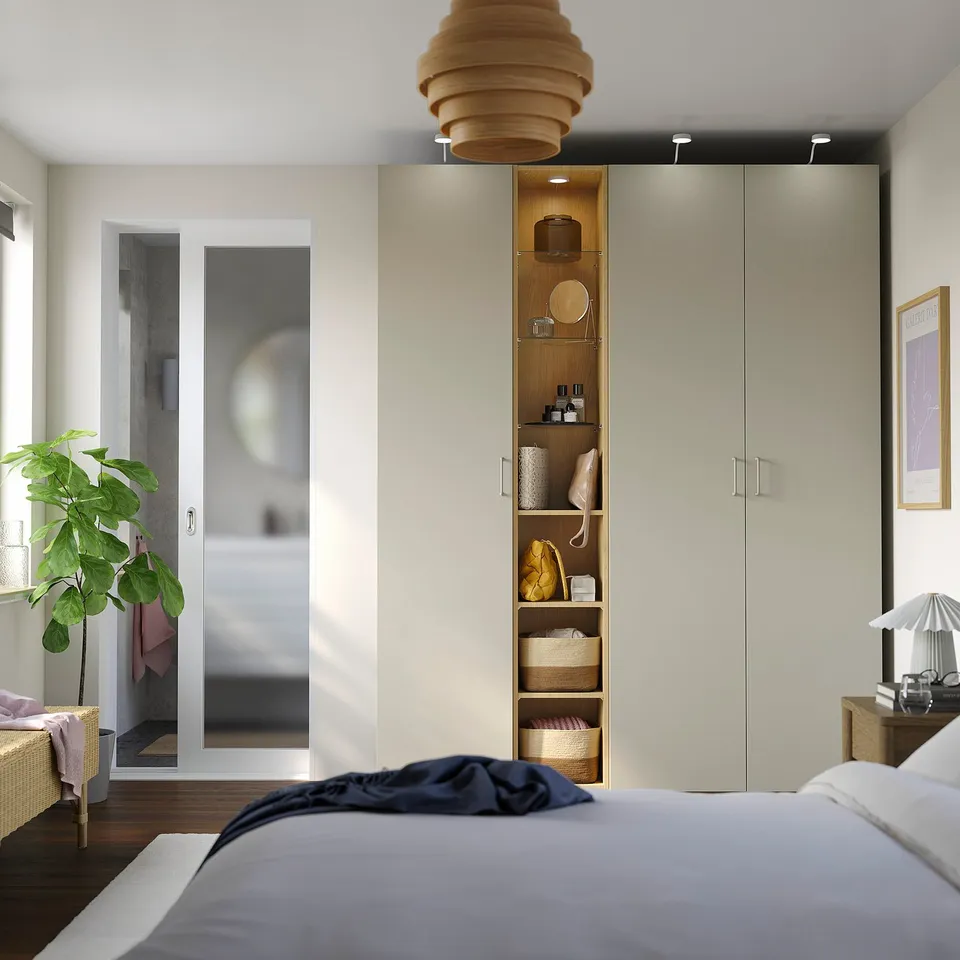 PAX / FORSAND Wardrobe combination, grey-beige grey-beige/oak effect, 185x60x236 cm