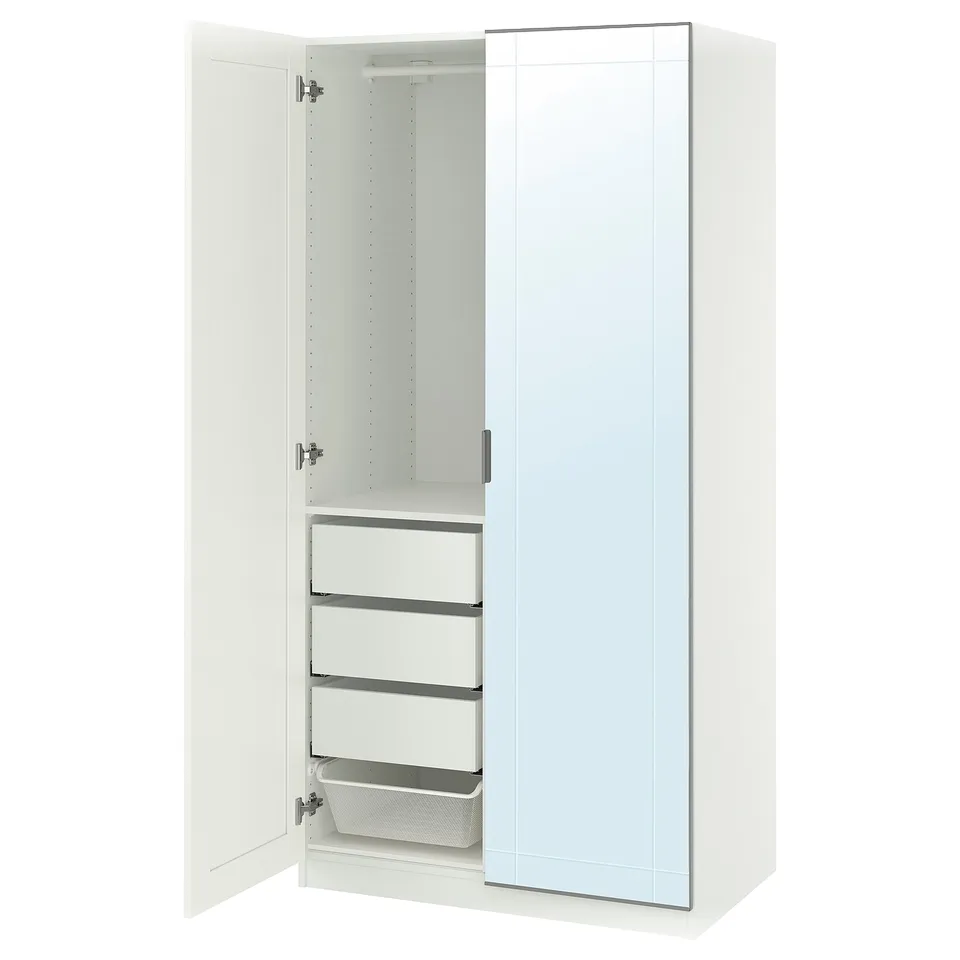 White PAX wardrobe with mirror, shelves, and drawers.