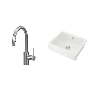 HAVSEN/SALLSJÖN set: sink bowl w visible front + kitchen mixer tap pull out