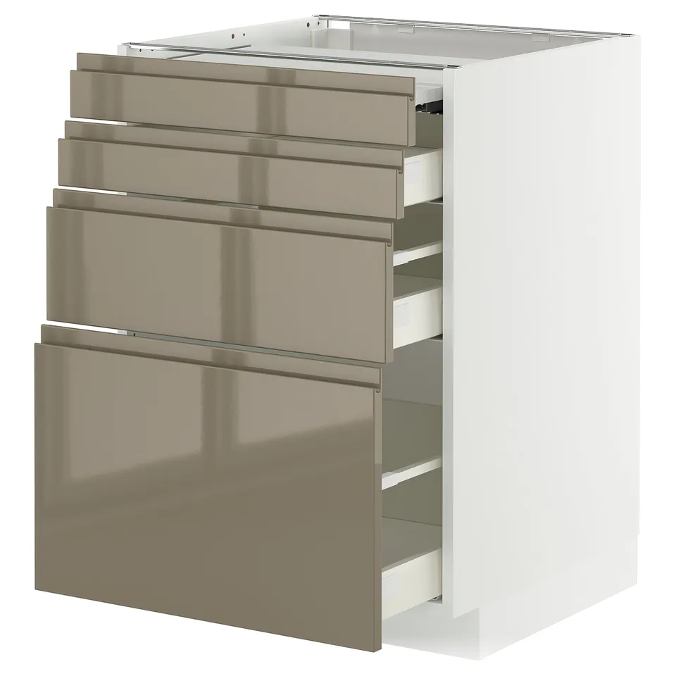 Modern METOD kitchen cabinet with dark grey-brown glossy fronts, four drawers, and pull-out work surface.