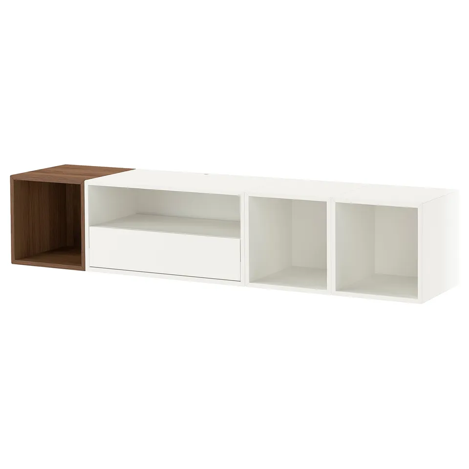 Modern white wall-mounted cube shelf unit with wood top, 3 open sections.