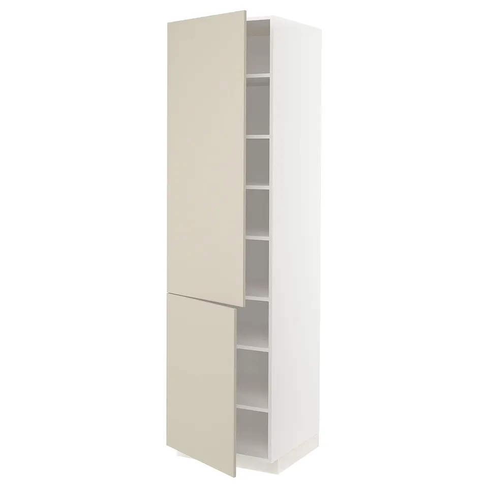 A white METOD kitchen cabinet with beige doors in a modern design. It two doors and adjustable shelves.