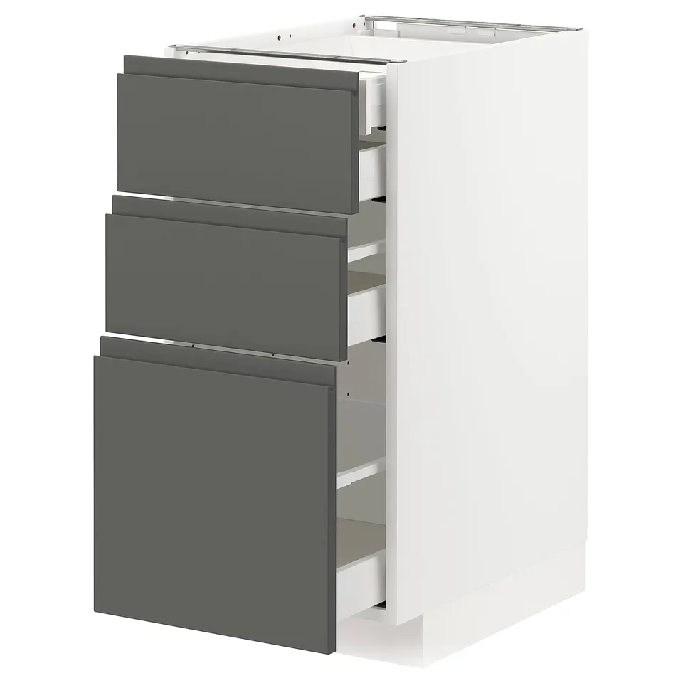 METOD kitchen unit: 3 dark grey drawers, white cabinet, sleek modern design.