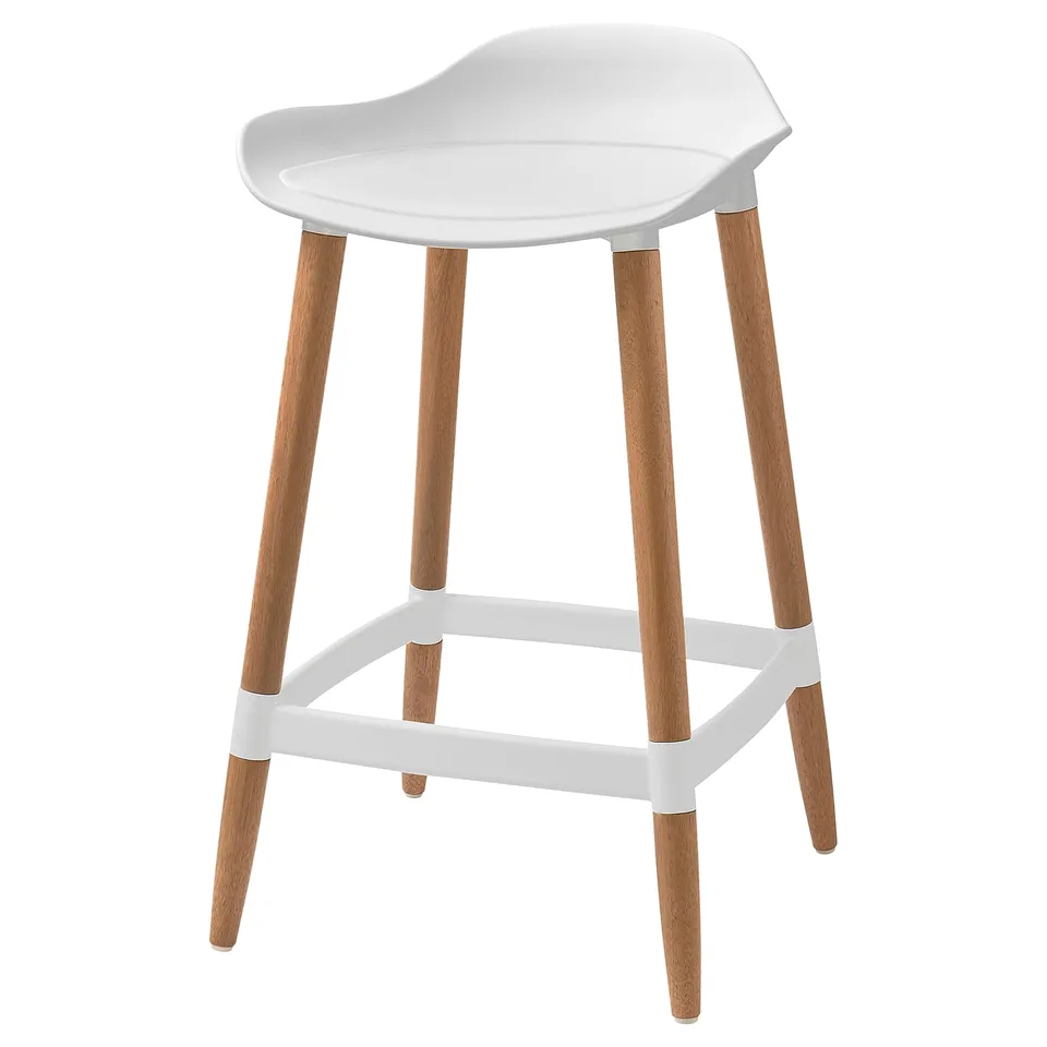 A white and light wood GRÖNSTA bar stool. It has a moulded seat, tapered legs, and a footrest, combining modern and minimalist design.