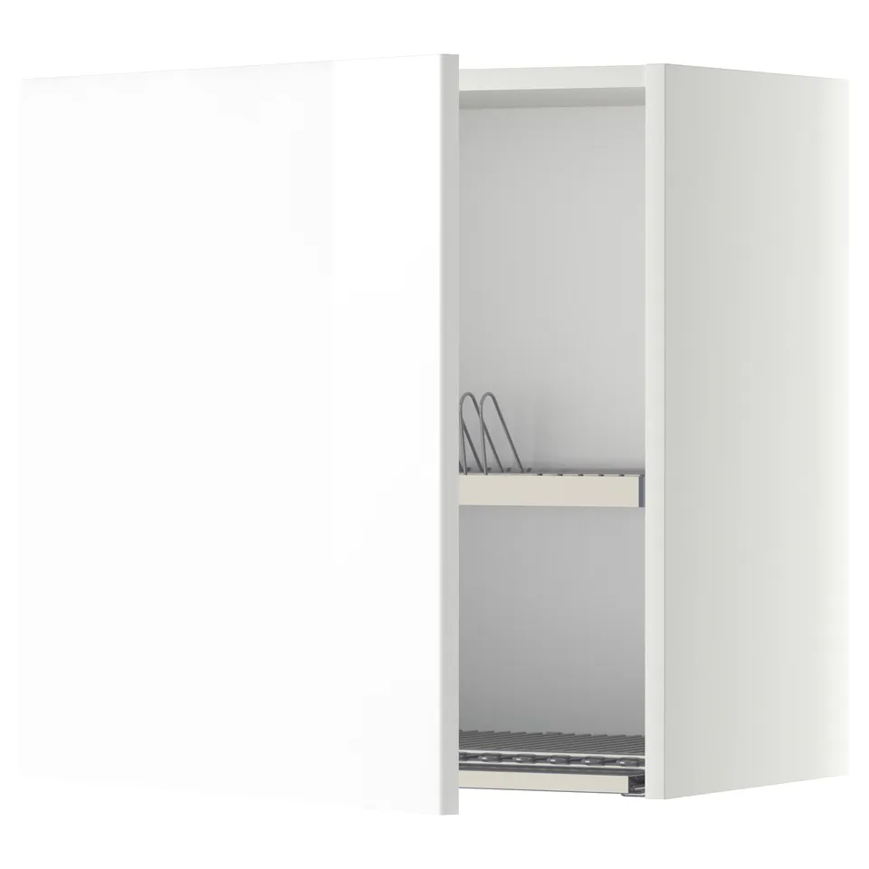A white METOD kitchen wall cabinet with a high gloss finish and a built-in dish drainer.