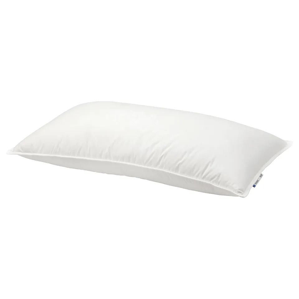 White pillow on white background, GULKAVLE brand, rectangular shape, stuffed with feathers and down, soft cotton cover.