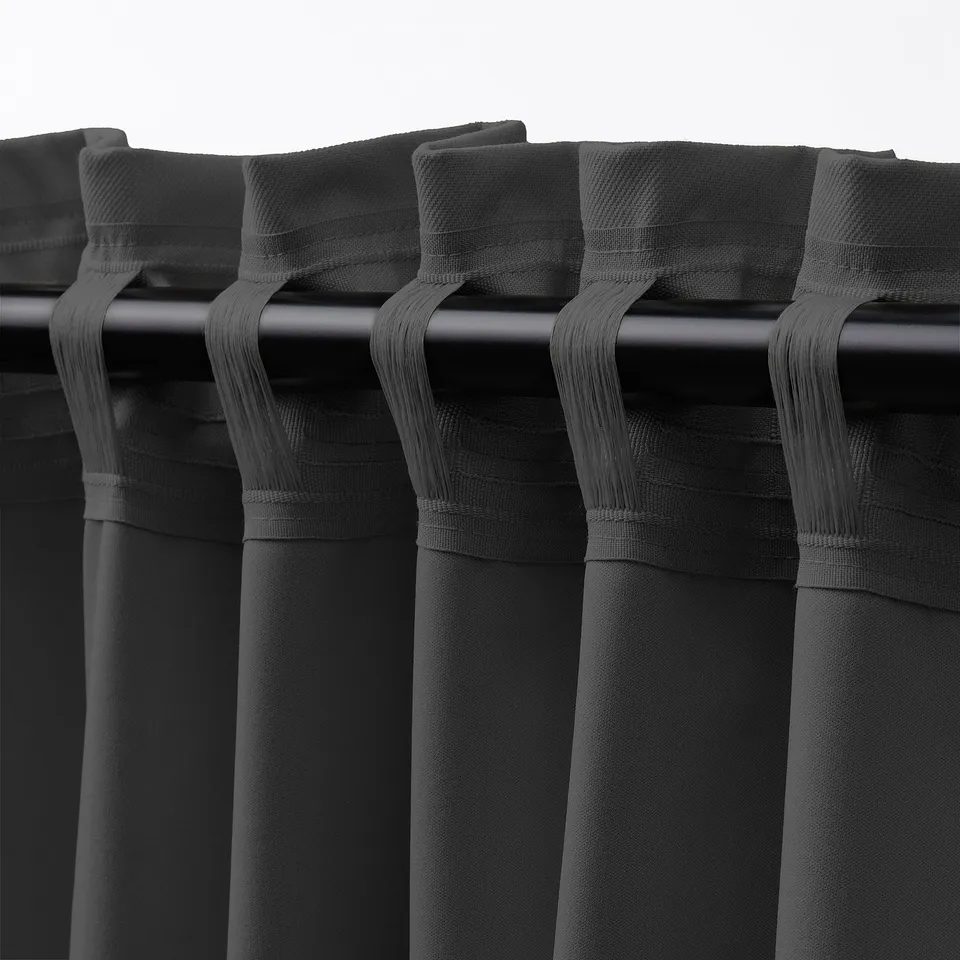 KORGMOTT Block-out curtains, 1 pair, dark grey/with heading tape, 145x250 cm