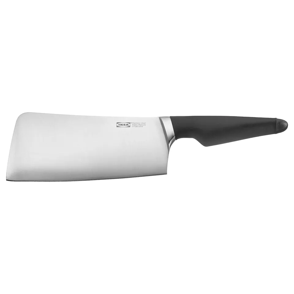 Ikea VÖRDA knife, black and silver, durable stainless steel, wide cleaver blade, ergonomic handle.