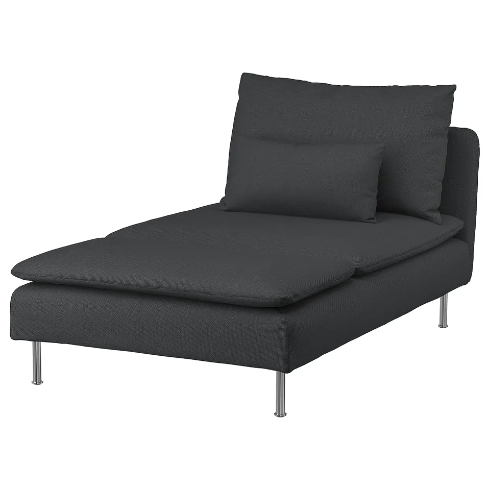 SÖDERHAMN dark grey chaise longue, modern design with textured fabric, steel legs, perfect for relaxing.