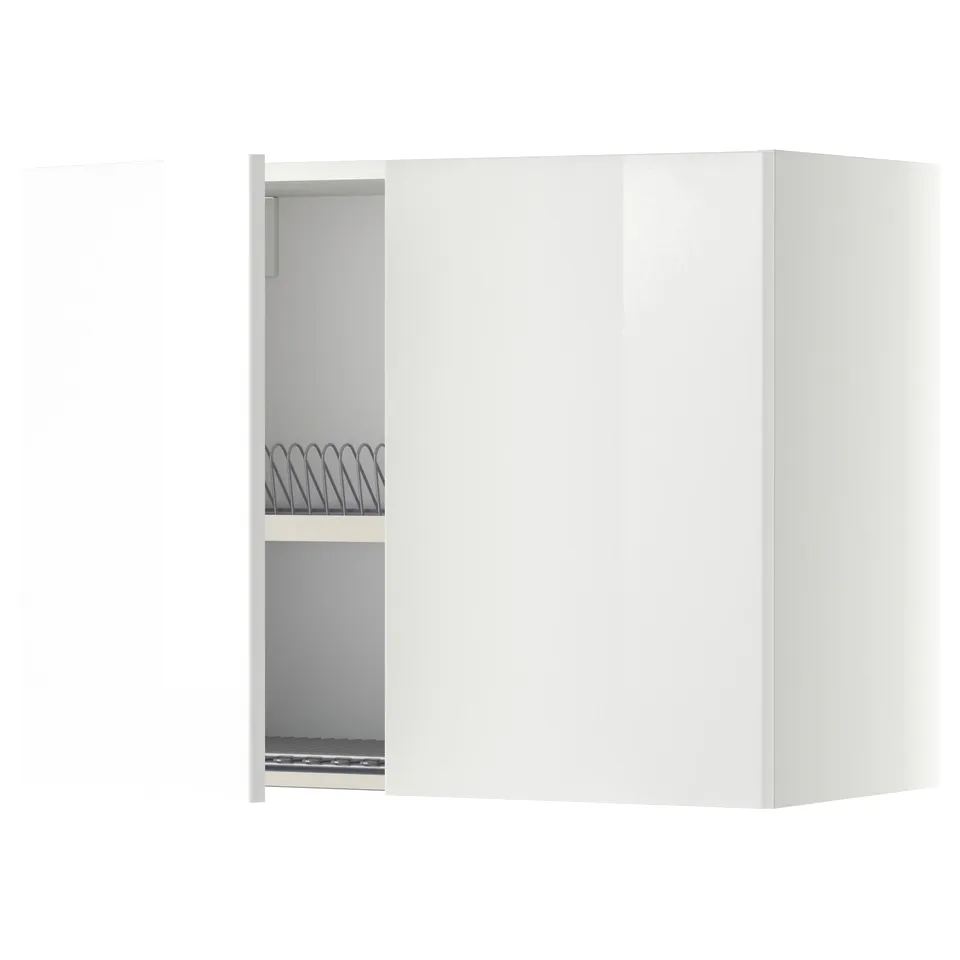 METOD kitchen cabinet with open door, shelves, and dish drainer.