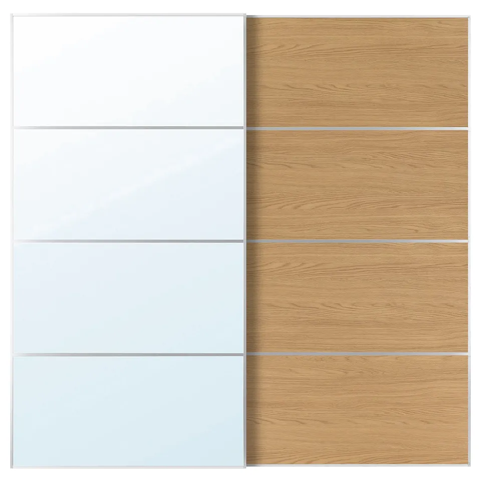 AULI / MEHAMN Pair of sliding doors, aluminium mirror glass/double sided oak effect, 200x201 cm