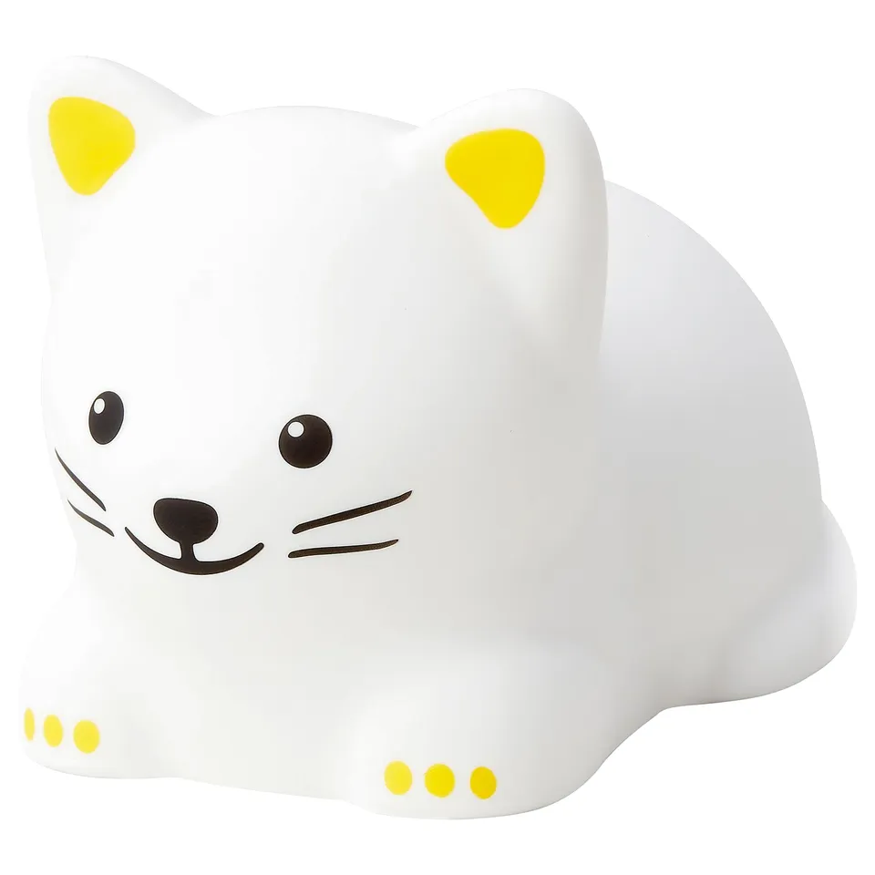 TÖVÄDER white cat night light: soft, silicone body, 5-color switch, safe for kids.