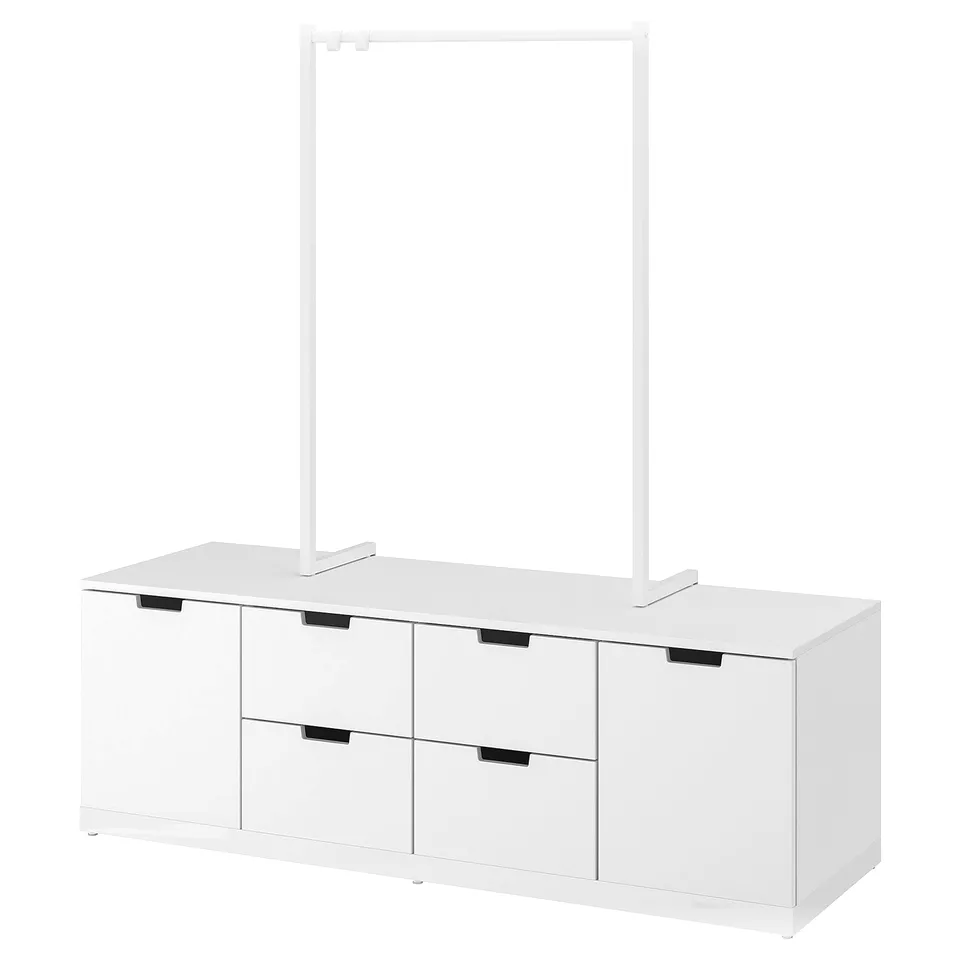 White NORDLI dresser with 4 drawers and hanging rail. Modern, minimalist design, perfect for organising clothes.