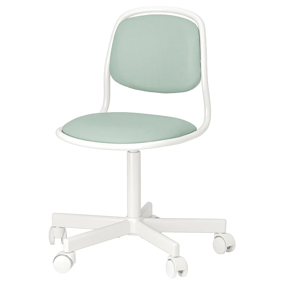 A white and light green childrens desk chair, ÖRFJÄLL, with adjustable height and swivel.