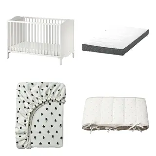 DRÖMMANDE/GRÖNFINK/LENAST/SMÅGÖRA set: cot + pocket spring mattress for cot + fitted sheet for cot + bumper pad