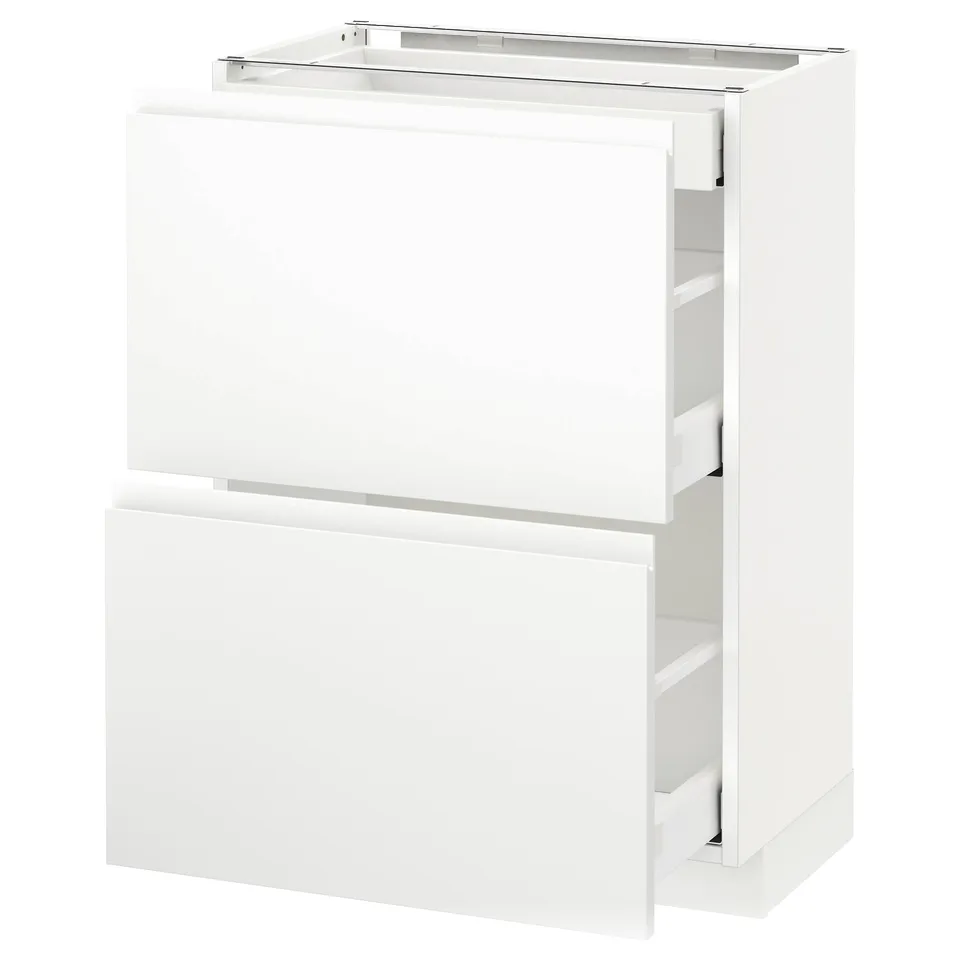 Modern white kitchen cabinet with two drawers and a door, sleek minimalist design, high gloss finish, durable particleboard and steel.