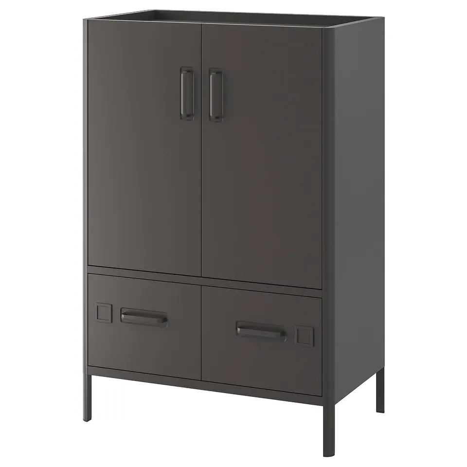 This is an IDÅSEN dark grey metal cabinet with 2 drawers and 2 doors, featuring a modern and minimalist design for storage.