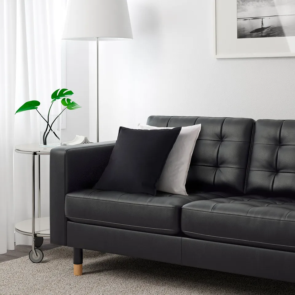 Modern living room with black leather sofa, two pillows, side table, lamp, and plant.