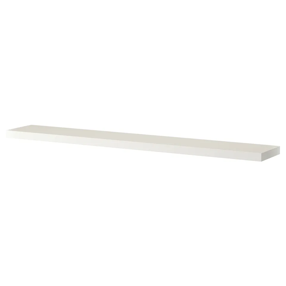 Ikea LACK white wall shelf. Simple, rectangular design. Made of fibreboard and steel. Hangs discreetly with hidden brackets.