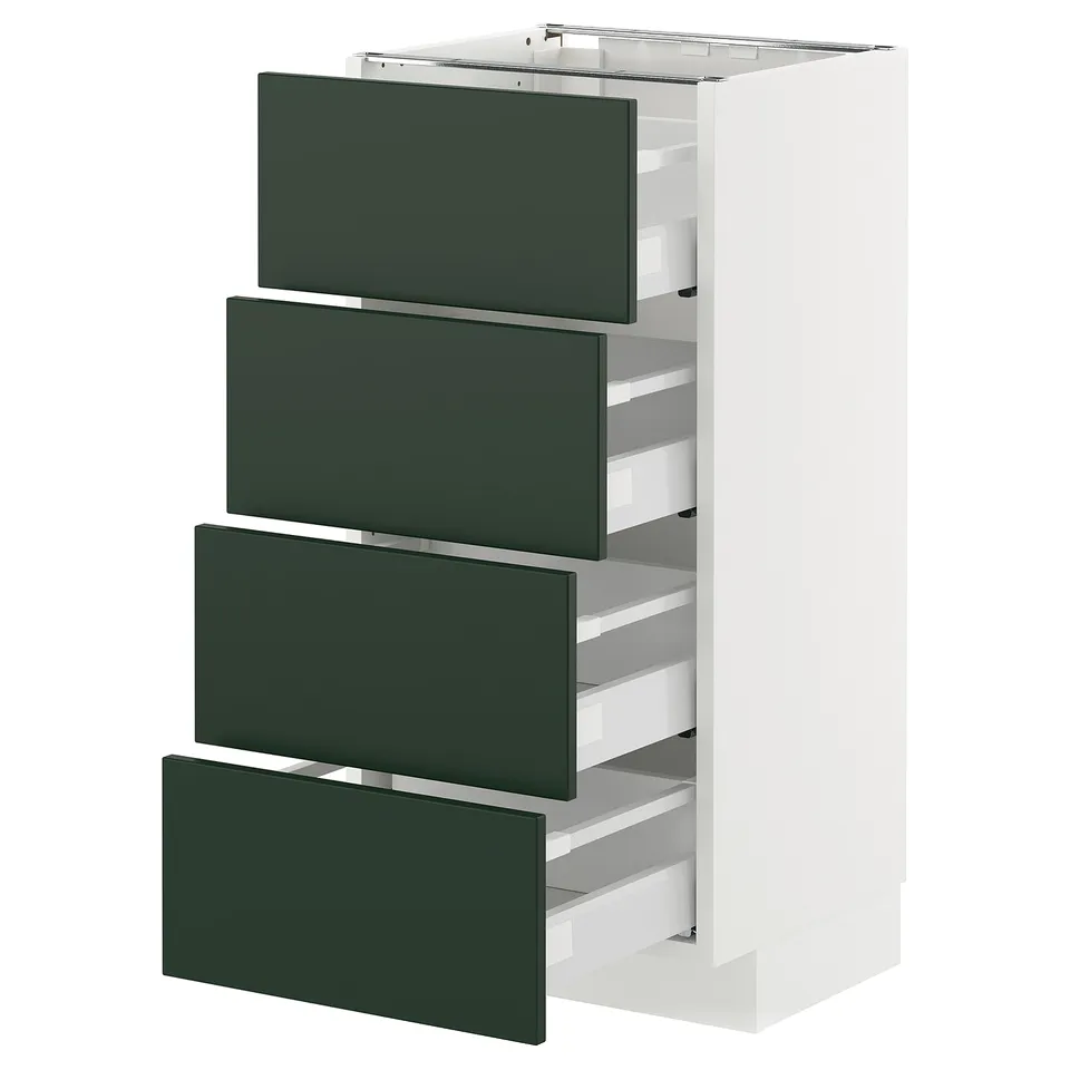 Modern white kitchen cabinet with 4 dark green drawers, smooth edges, ikea METOD series, self-closing drawers.