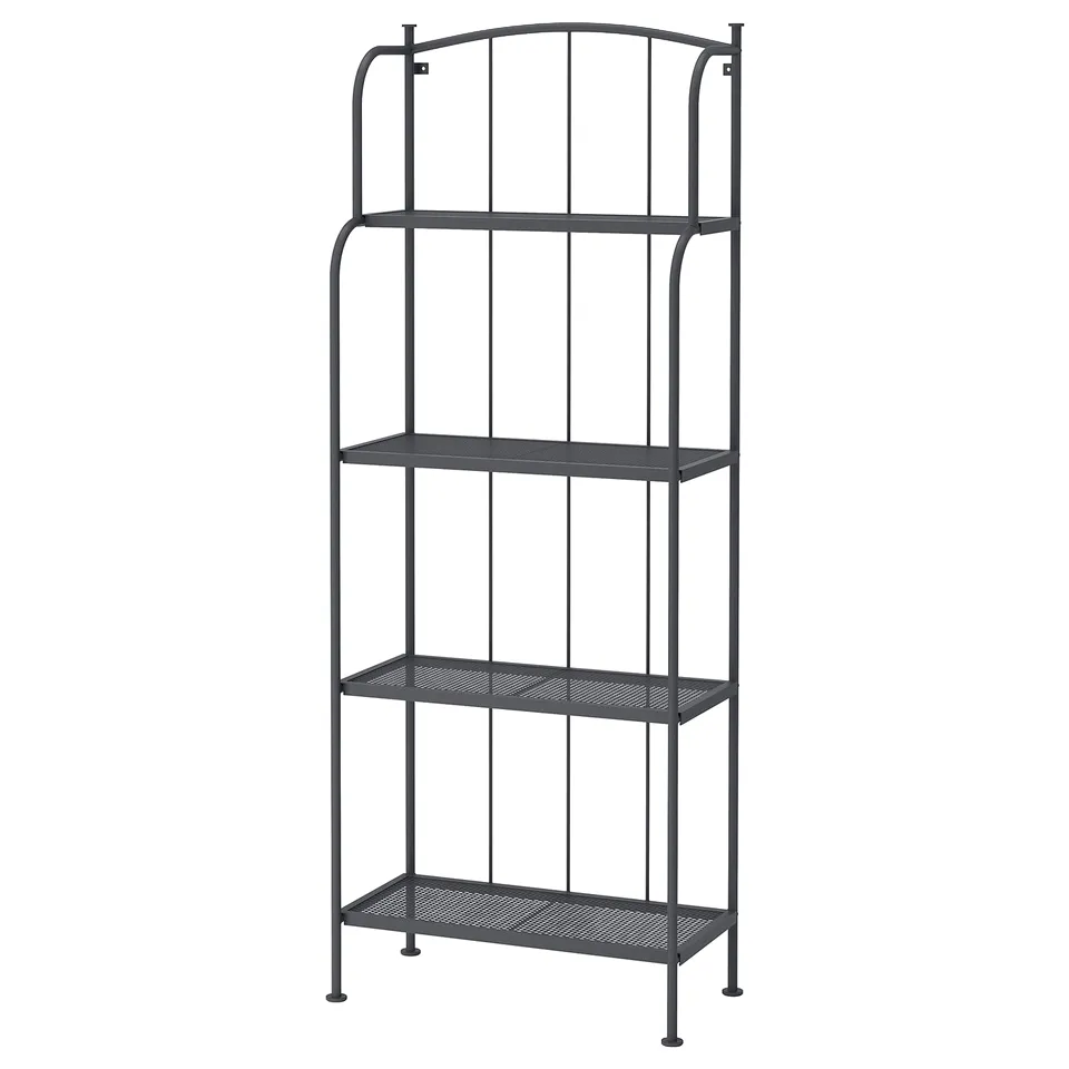 LÄCKÖ black shelf, 4-tier metal, industrial design.