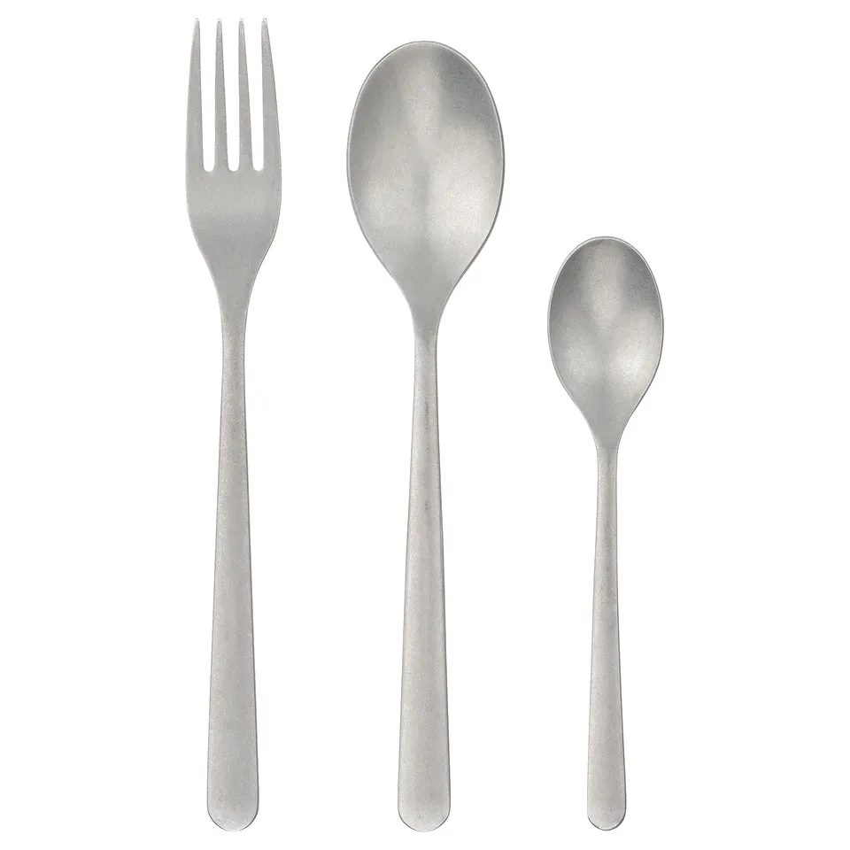 PRAKTBOTIA cutlery set: matte silver fork, spoon, tea spoon. Stainless steel, modern, timeless design.