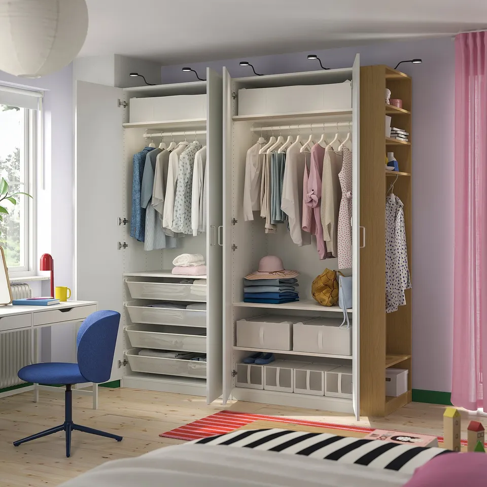 PAX / FORSAND Wardrobe combination, white white/oak effect, 220x60x236 cm