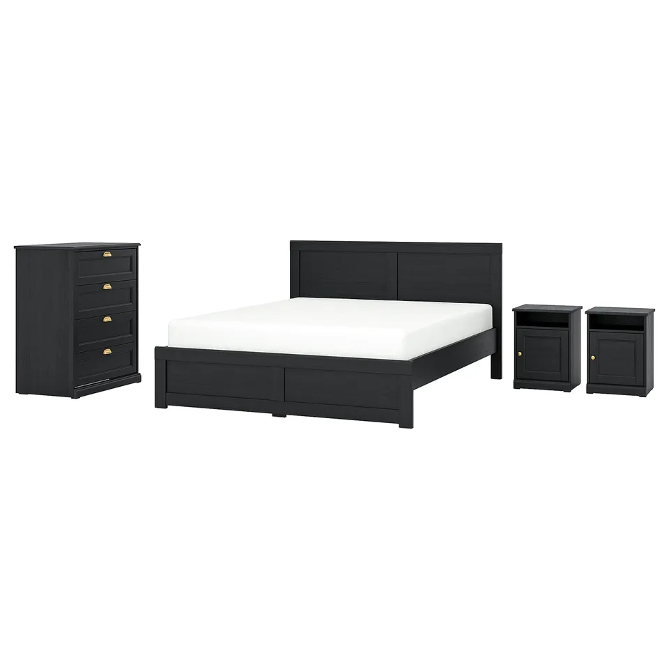 FÅGELFJÄLLET black bedroom set: sleek bed with headboard, two nightstands, and chest. Modern, dark wood style.