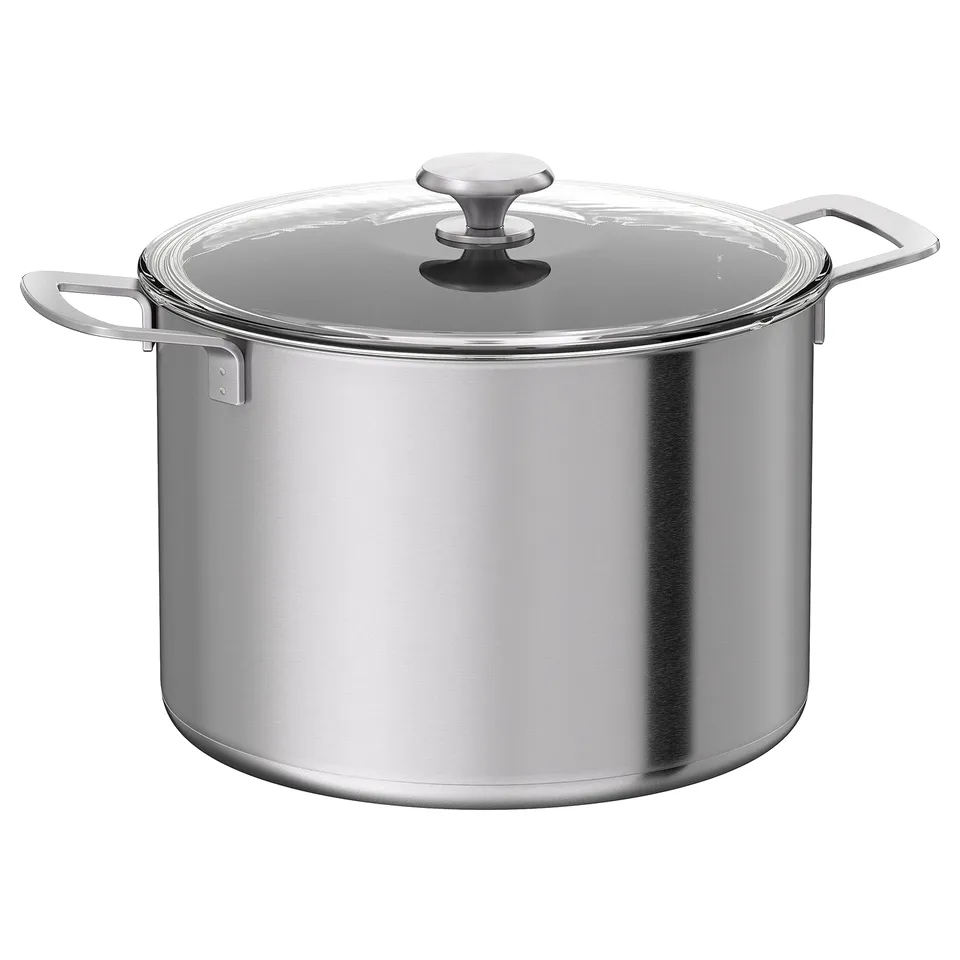 HEMKOMST 10l silver saucepan, stainless steel, round body, glass lid, sturdy handles.