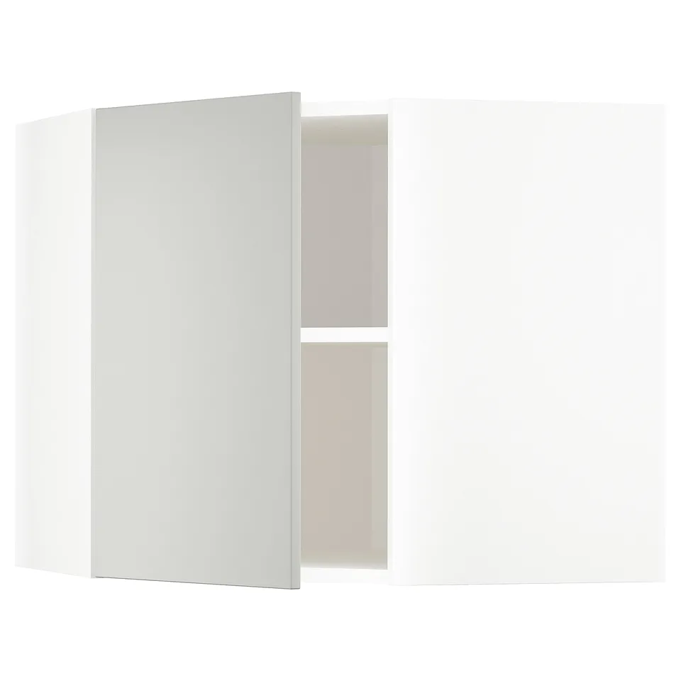 METOD corner cabinet with two shelves, minimalist design, light grey finish.