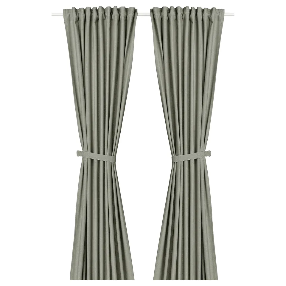 Lenna curtains: light grey-green, cotton, straight, tiebacks.
