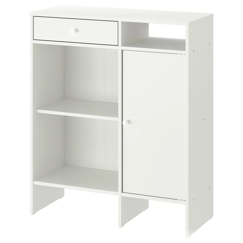 White sideboard with open & closed storage, perfect for dining/hallways. Modern, mix of shelves & drawers.